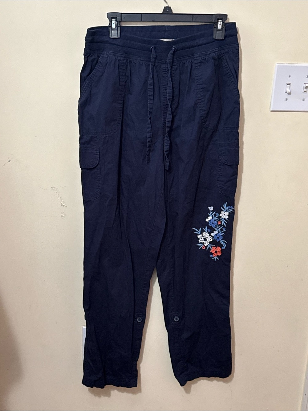 Woman Within Navy Cargo Jogger Pants with Floral Embroidery